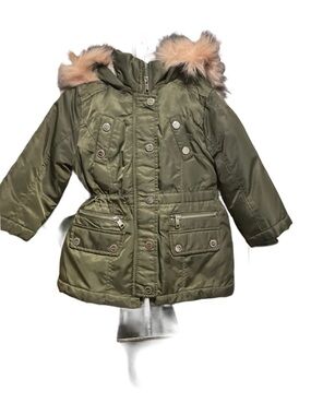 Urban Republic Girls Olive Green Hooded Winter Coat with Faux Pink Fur Trim 2T